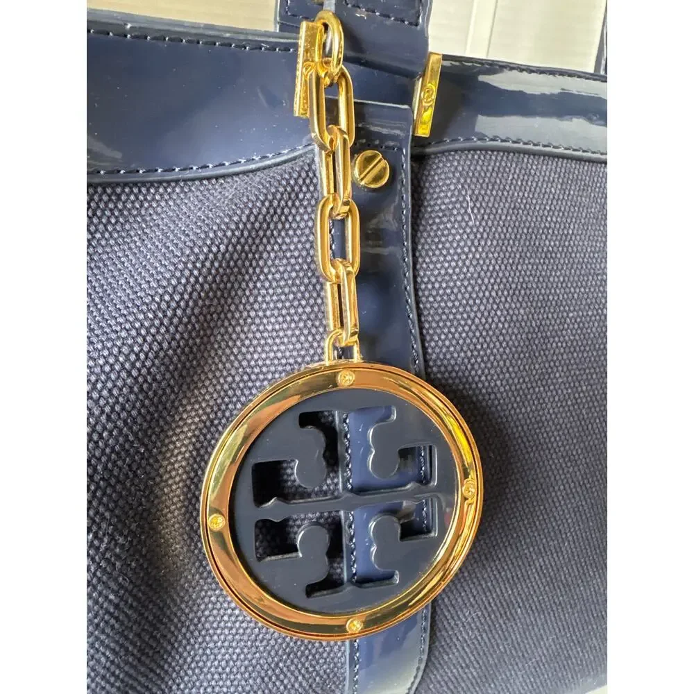 Tory Burch Canvas Jane Tote navy patient leather Shoulder Bag
